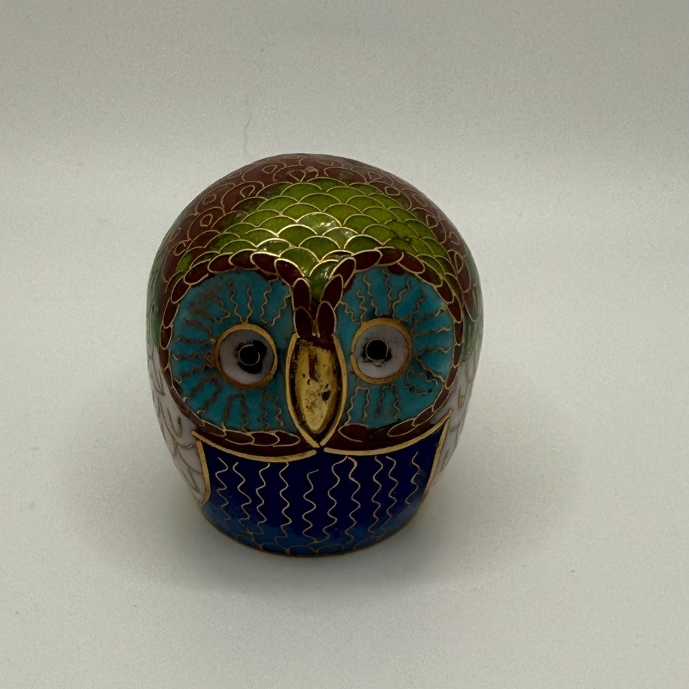 Vintage Cloisonne Enamel Owl Figurine Blue Green Brass Filigree Bird 2 Inch